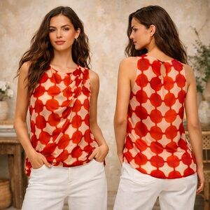 Anthropologie Maeve Quantum Draped Silk Blouse Red Dot Print Sleeveless | Size 8